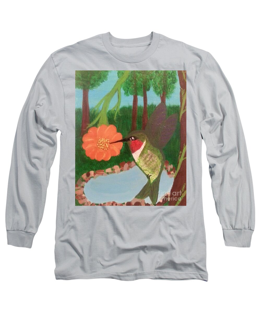 Hummingbird Long Sleeve T-Shirt featuring the painting Hummingbird View From Balcony by Elizabeth Mauldin