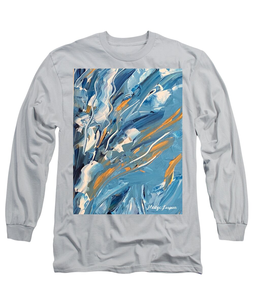 Garden Blue Gold Sea. Sky Long Sleeve T-Shirt featuring the painting Jardin bleu by Medge Jaspan