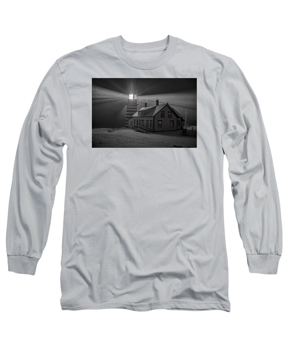 Late Night Snow Squall At West Quoddy Head Lighthouse Long Sleeve T-Shirt featuring the photograph Late Night Snow Squall at West Quoddy Head Lighthouse by Marty Saccone