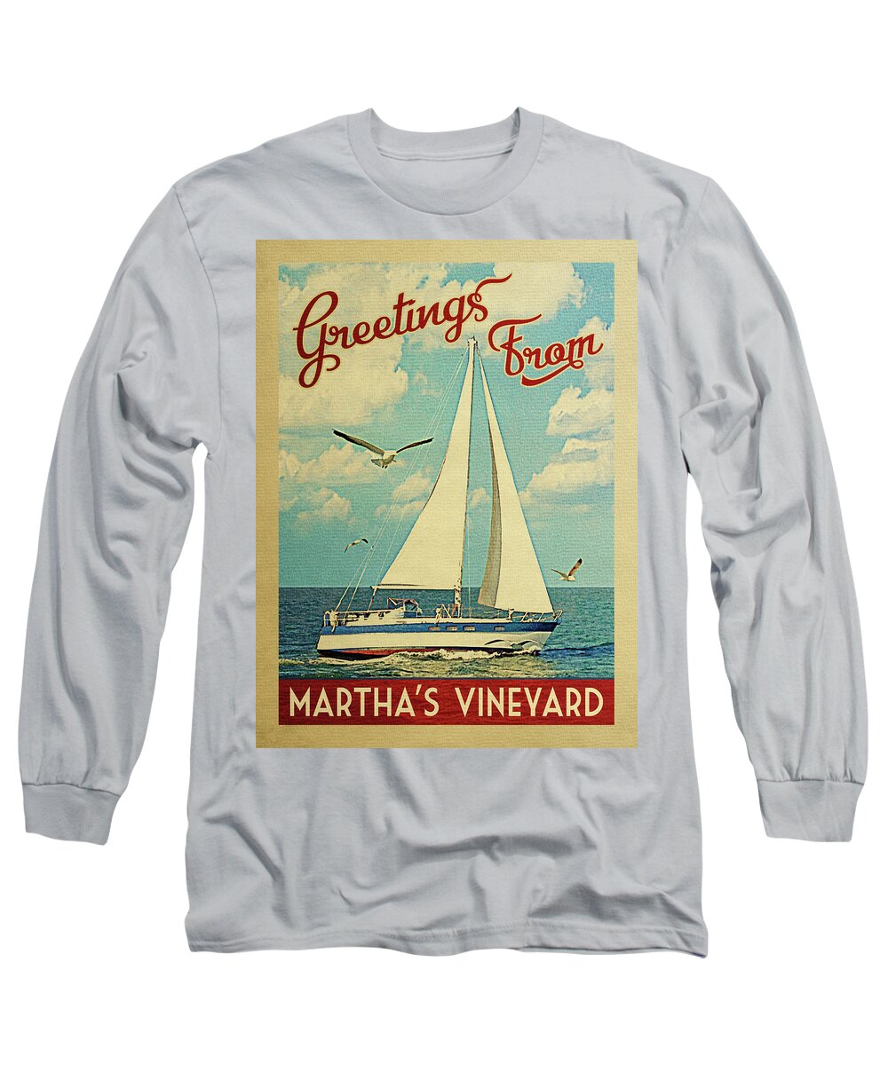 Martha's Vineyard Long Sleeve T-Shirt featuring the digital art Martha's Vineyard Sailboat Vintage Travel by Flo Karp
