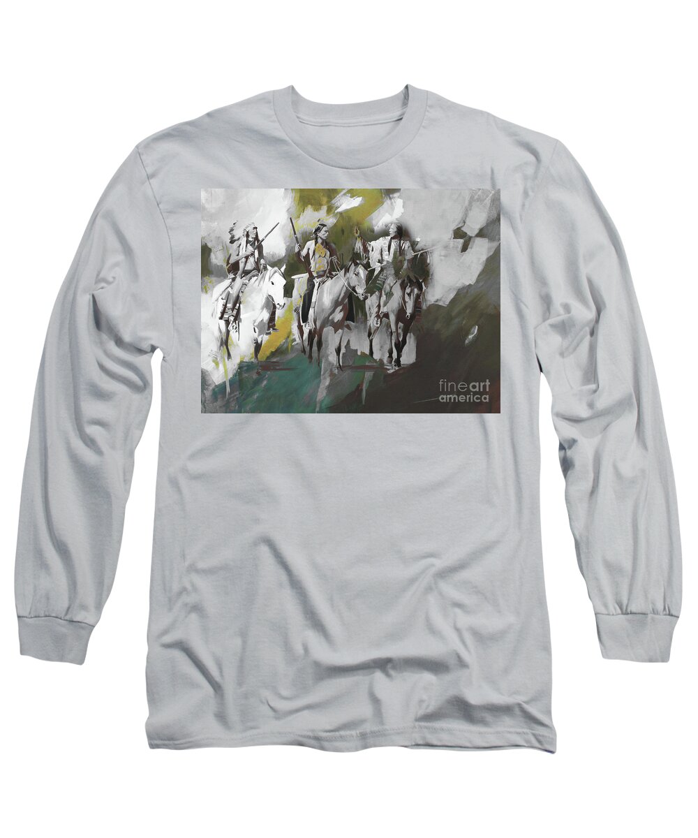 Native American Indian Long Sleeve T-Shirt featuring the painting Native American on Horses 012 by Gull G