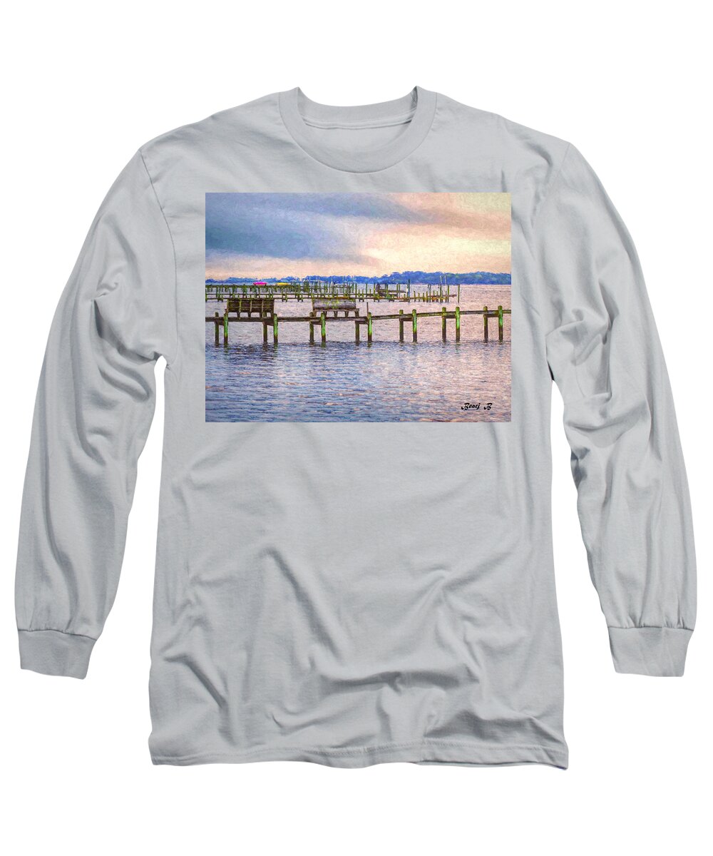 Outerbanks Long Sleeve T-Shirt featuring the photograph O B X Piers by Bearj B Photo Art