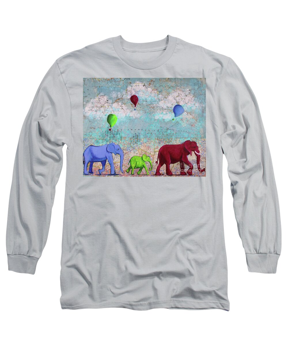 Elephant Long Sleeve T-Shirt featuring the mixed media Oh The Places You'll Go by Lisa Crisman
