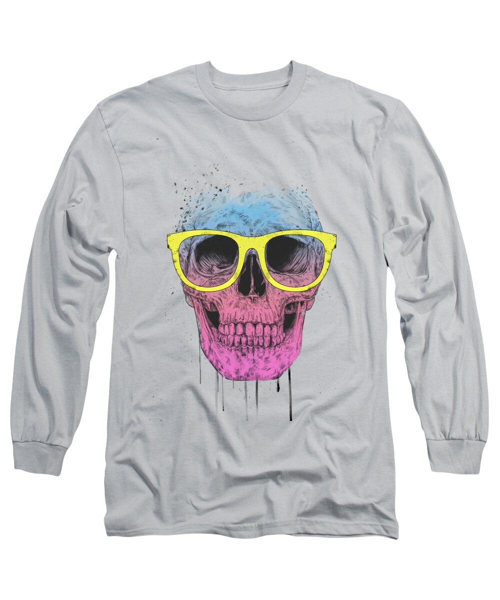 Skull Long Sleeve T-Shirt featuring the mixed media Pop art skull with glasses by Balazs Solti