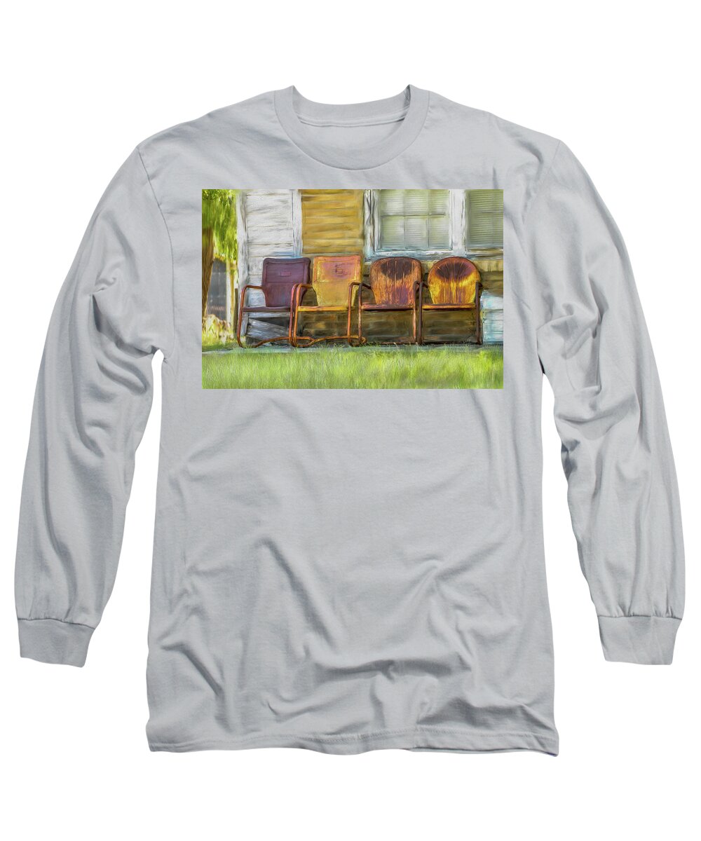 Chairs Long Sleeve T-Shirt featuring the photograph Rusty Chairs in Oil by Peggy Blackwell