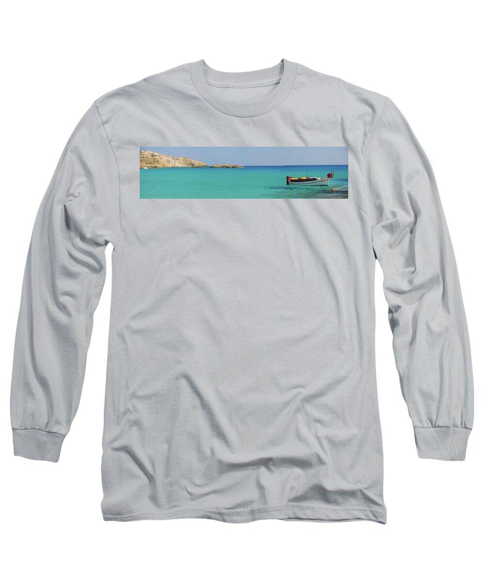 Boat Long Sleeve T-Shirt featuring the photograph Small Greek Fishing Boat Panorama by Tito Slack