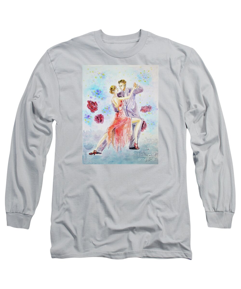 Dance Watercolor Long Sleeve T-Shirt featuring the painting Tango Dancers by Leslie Ouyang