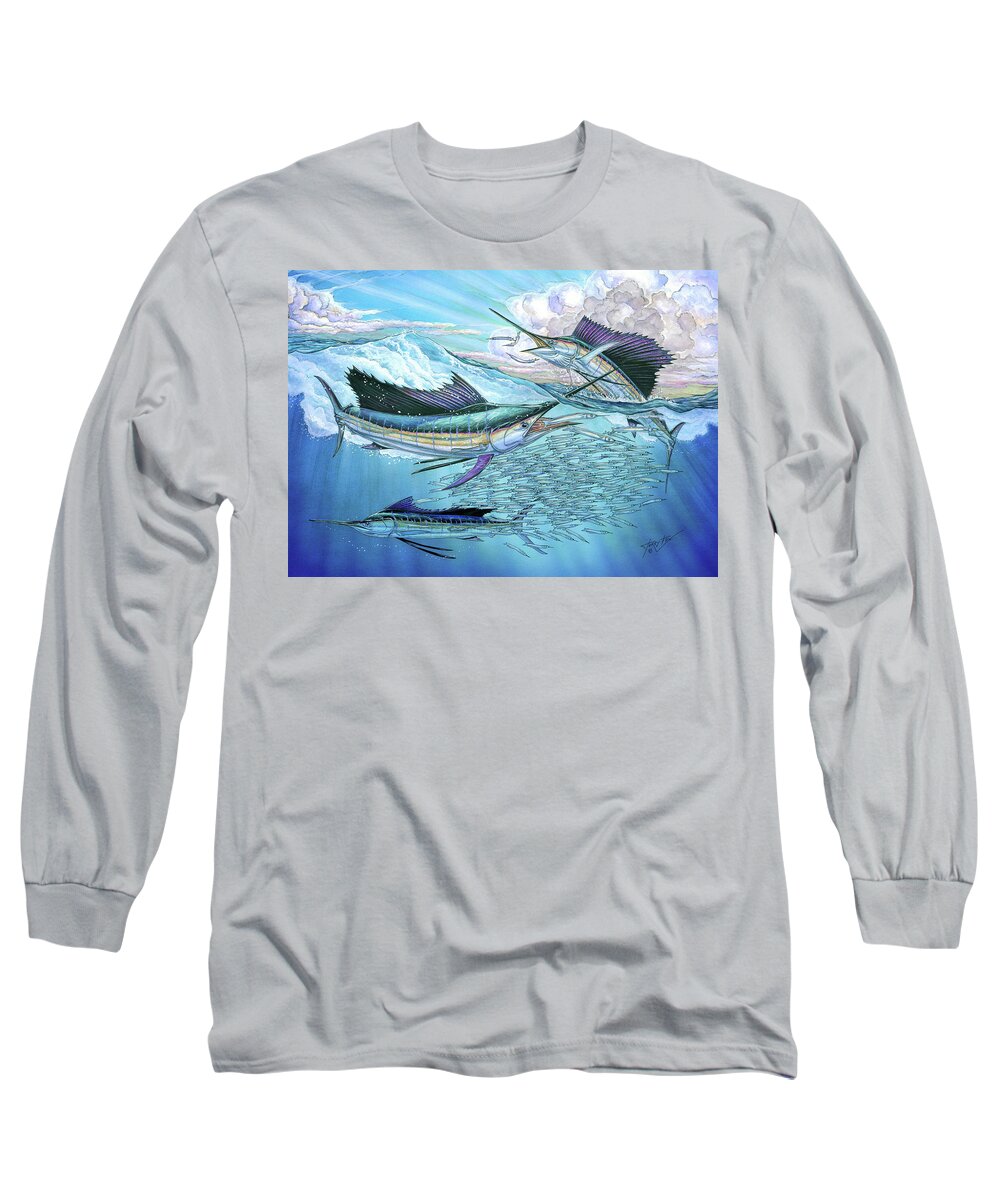 Blue Mrlin Long Sleeve T-Shirt featuring the painting Three sailfish and bait ball by Terry Fox