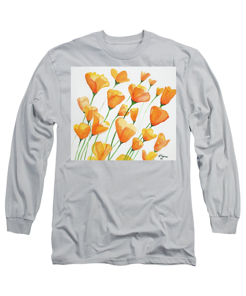 Poppy Long Sleeve T-Shirt featuring the painting Watercolor - California Poppies by Cascade Colors