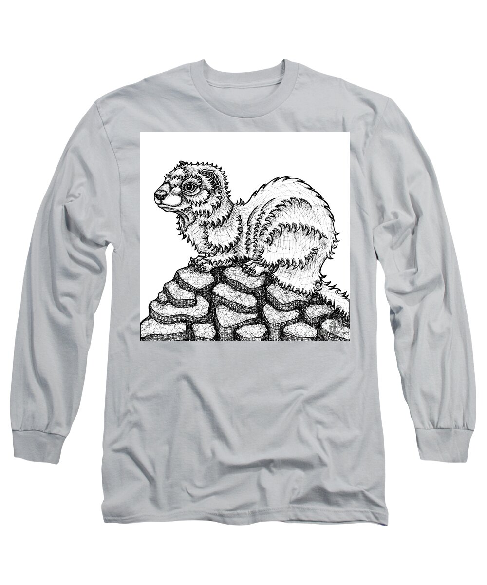 Animal Portrait Long Sleeve T-Shirt featuring the drawing Weasel by Amy E Fraser
