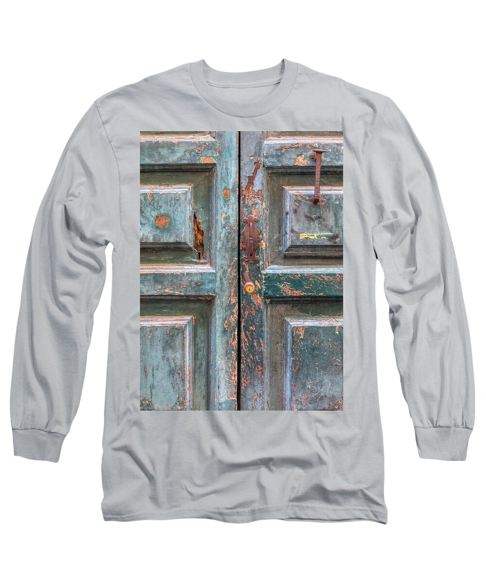 Cortona Long Sleeve T-Shirt featuring the photograph Weathered Rustic Green Door of Cortona by David Letts