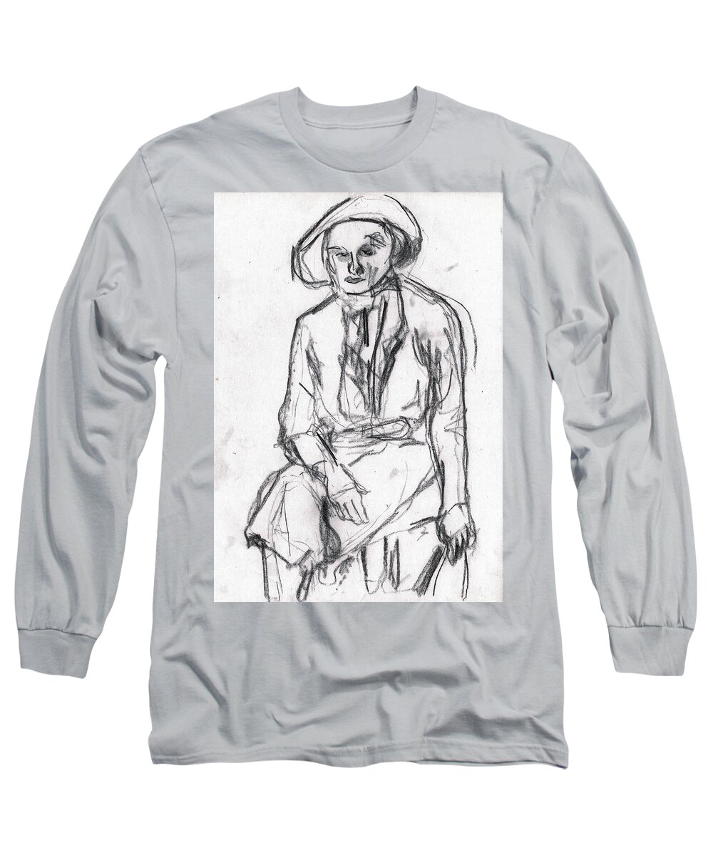 People Long Sleeve T-Shirt featuring the drawing Woman in a Hat Drawing by Edgeworth Johnstone