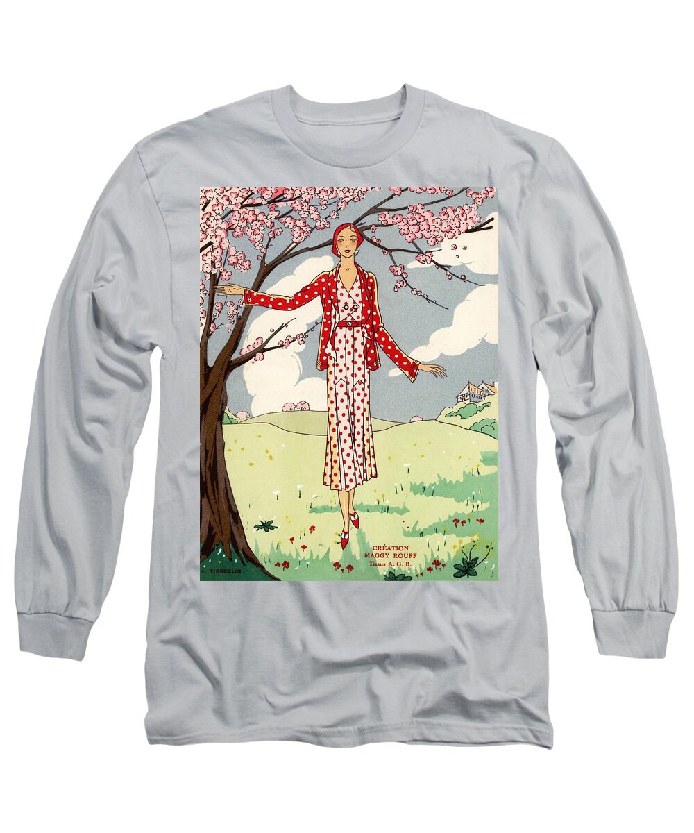 Agb Long Sleeve T-Shirt featuring the drawing Woman in ensemble of jacket and dress in reverse pink and red polka. by Album
