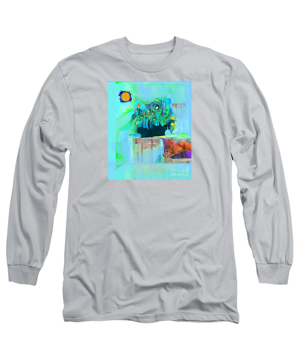Cat Long Sleeve T-Shirt featuring the mixed media Yes Cat Nap in Sun by Zsanan Studio