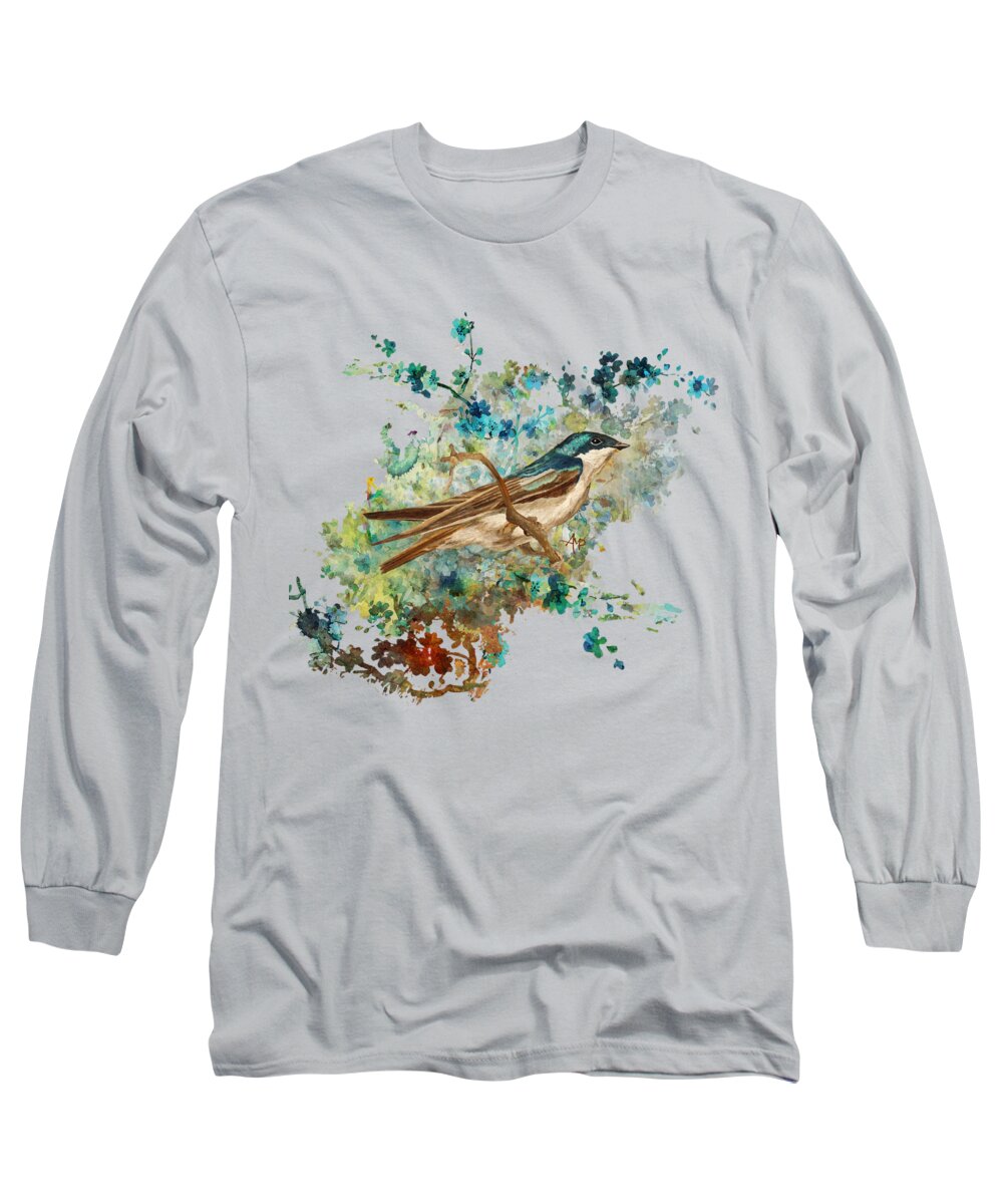 Tree Swallow Long Sleeve T-Shirt featuring the painting Bright And Blue I by Angeles M Pomata