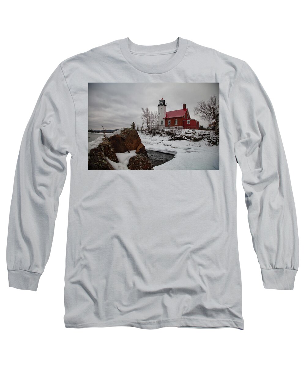 Eagle Harbor Mi Long Sleeve T-Shirt featuring the photograph Winter view of Eagle Harbor Lighthouse in Eagle Harbor Michigan #1 by Eldon McGraw