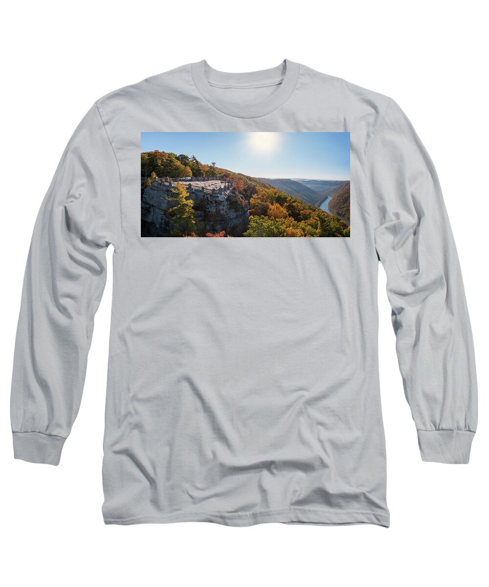 Aerial Long Sleeve T-Shirt featuring the photograph Coopers Rock panorama in West Virginia with fall colors #2 by Steven Heap