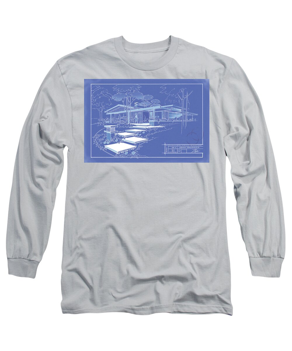 Mid Century Long Sleeve T-Shirt featuring the drawing 301 Cypress Drive - reverse by Larry Hunter
