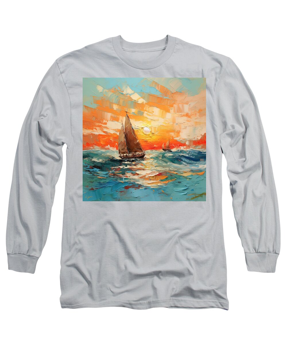 Turquoise And Orange Long Sleeve T-Shirt featuring the digital art A Symphony of Turquoise and Orange - Sailboats at Sunset by Lourry Legarde