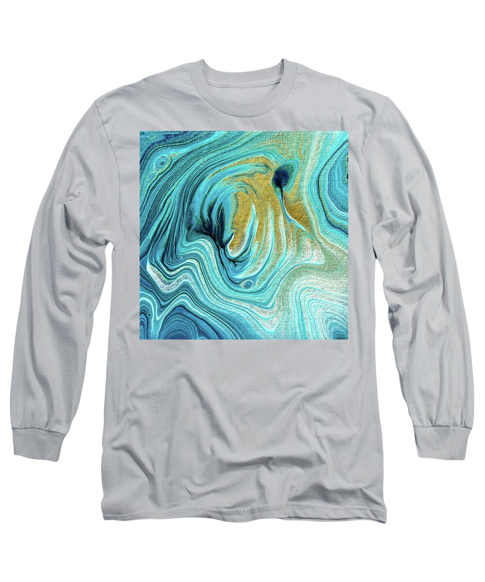 Abstract Long Sleeve T-Shirt featuring the painting Abstract Acrylic Pour Painting Blue and Golden by Matthias Hauser