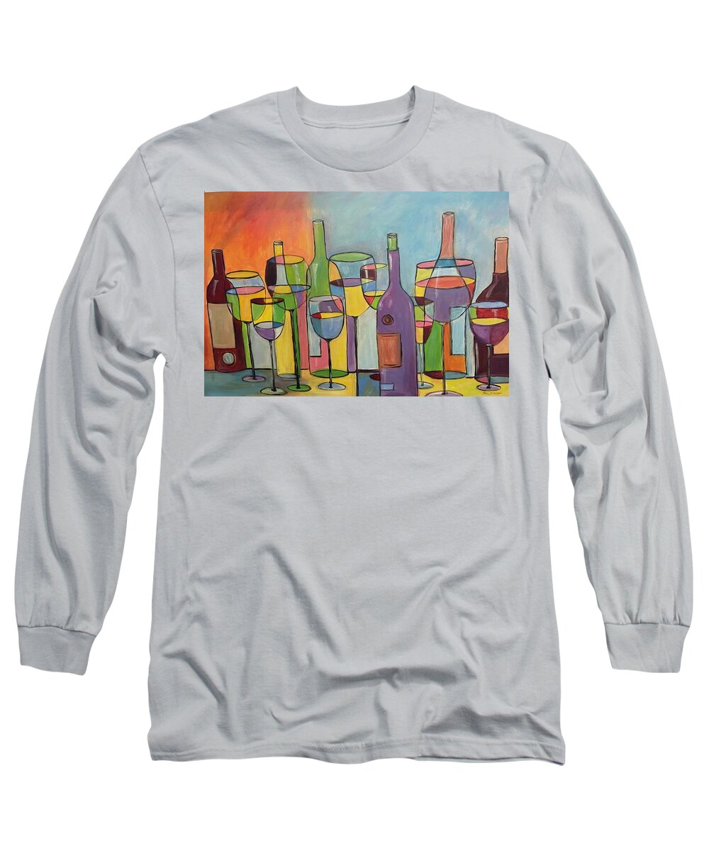 Abstract Long Sleeve T-Shirt featuring the painting Abstract Wine Bottles and Glasses by Denice Palanuk Wilson
