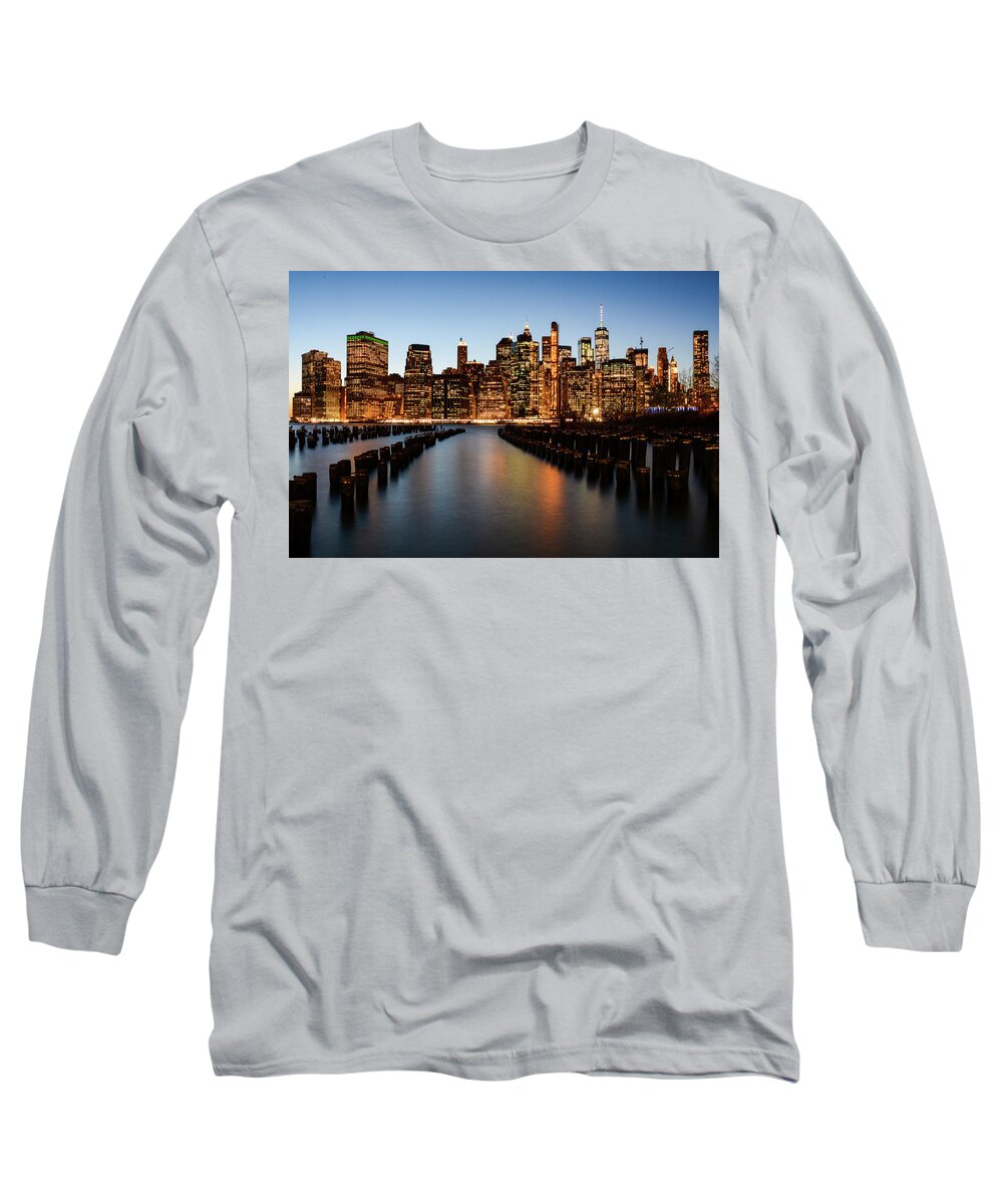 New York Long Sleeve T-Shirt featuring the photograph Apple Empire - Lower Manhattan Skyline. New York City by Earth And Spirit