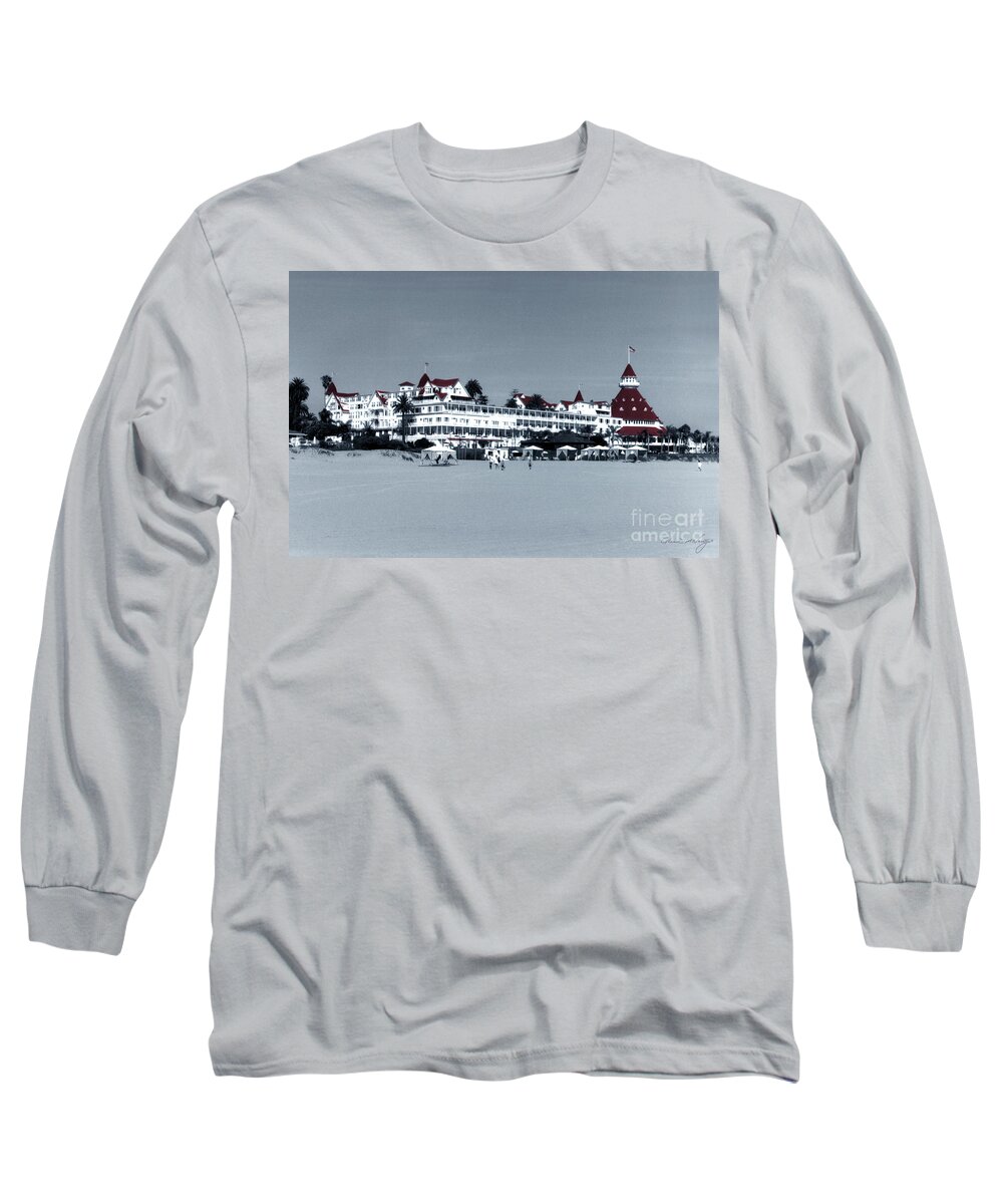 Glenn Mcnary Long Sleeve T-Shirt featuring the photograph B W Hotel Del Coronado with Red Roof by Glenn McNary