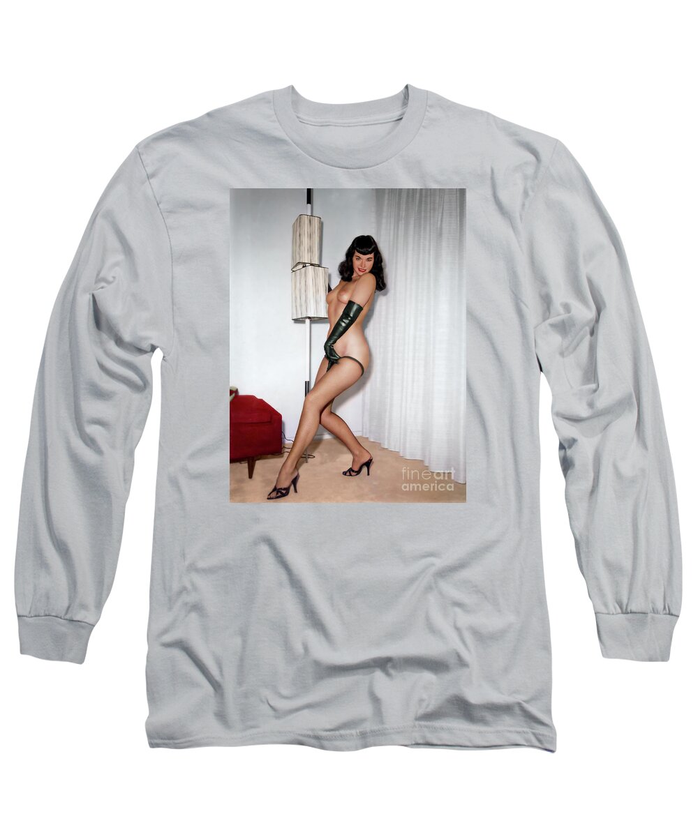 Bettie Page Long Sleeve T-Shirt featuring the digital art Bettie's unmistakable pose by Franchi Torres