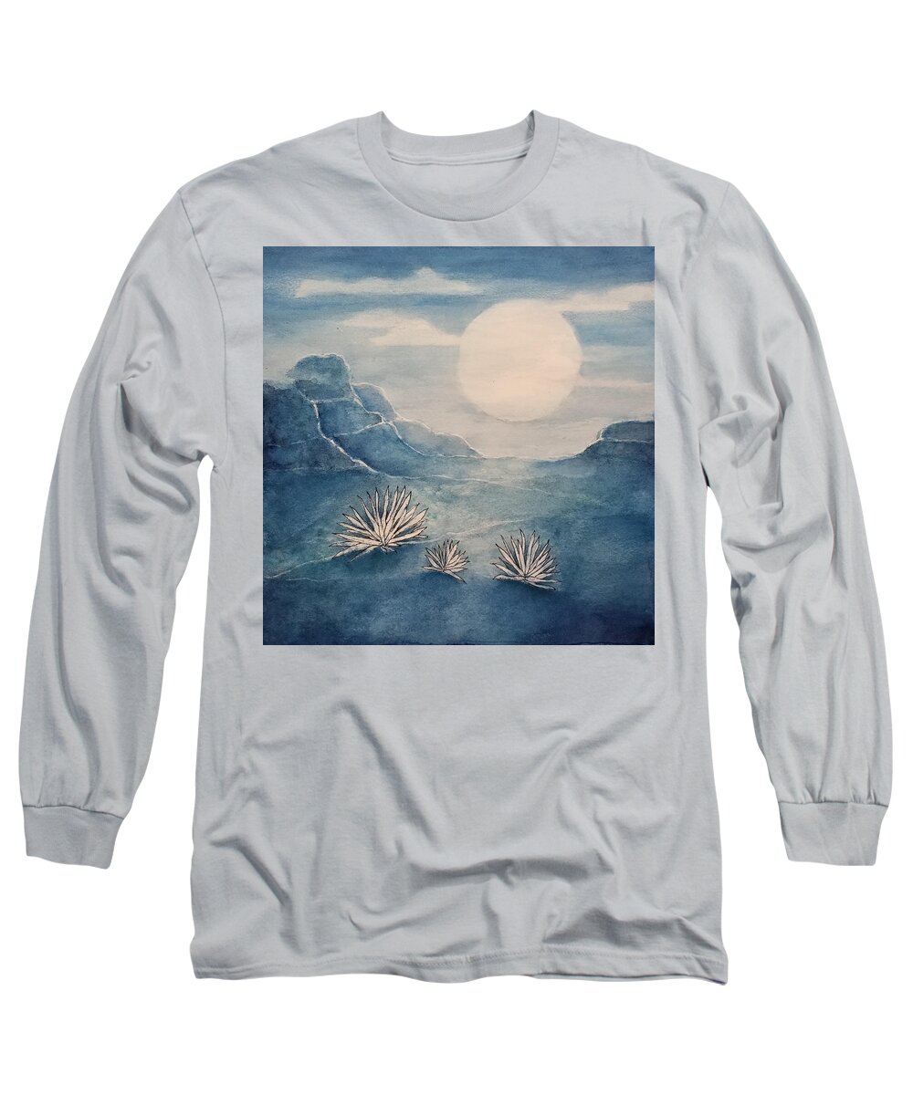 Landscape Long Sleeve T-Shirt featuring the mixed media Blue Moon by Terry Ann Morris