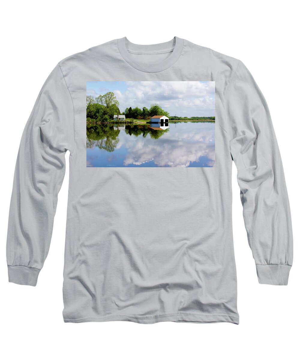 Blackwater River Long Sleeve T-Shirt featuring the photograph Boathouse Reflected in River on a Beautiful Day by Charles Floyd