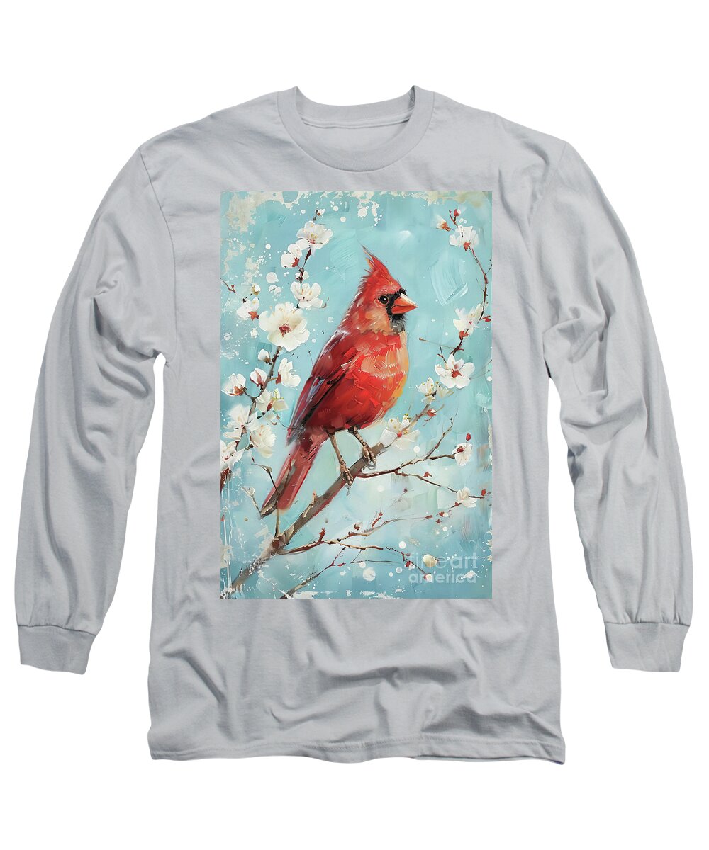 Northern Cardinal Long Sleeve T-Shirt featuring the painting Botanical Cardinal by Tina LeCour