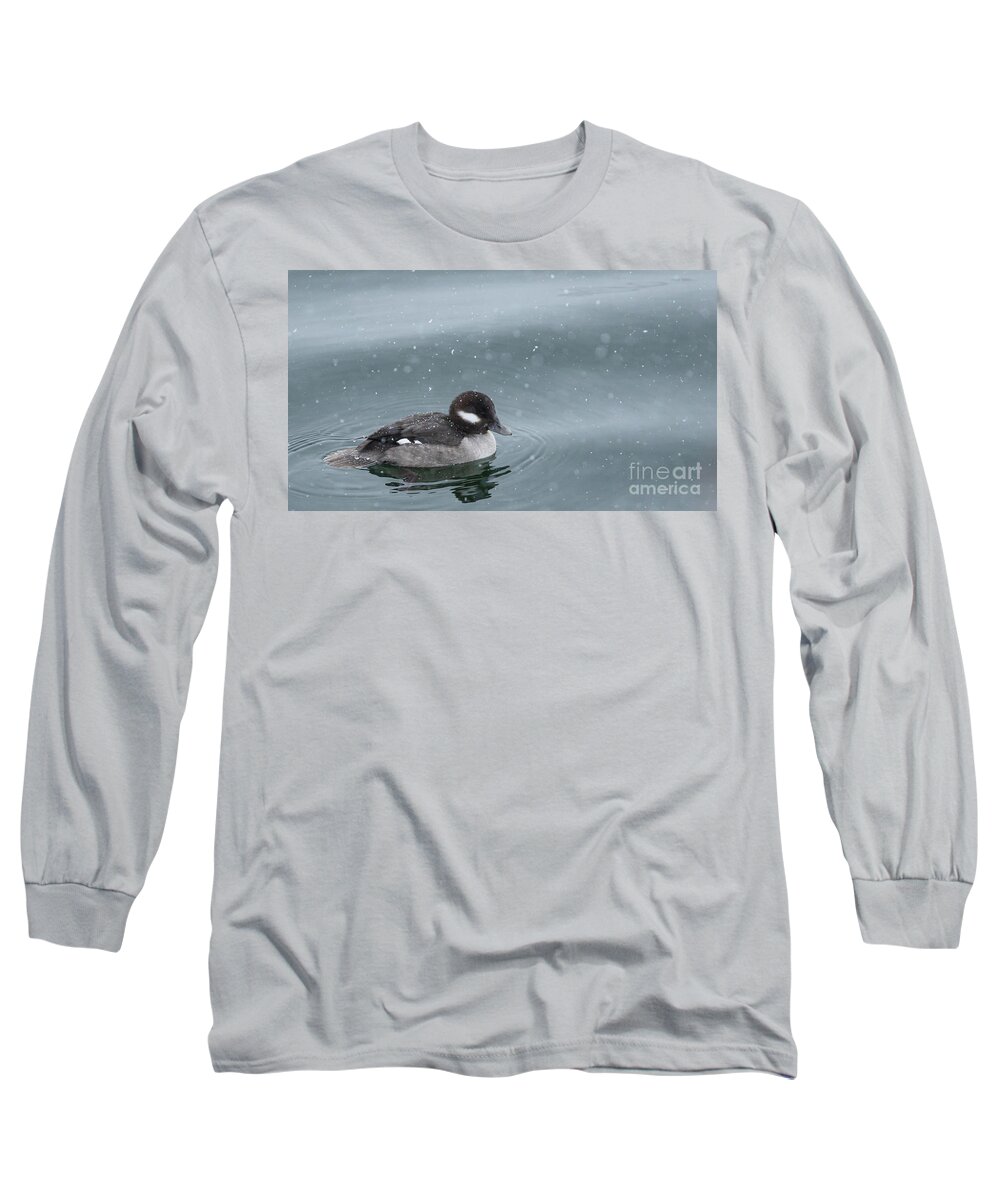 Bufflehead Long Sleeve T-Shirt featuring the photograph Bufflehead During Snowfall by Alyssa Tumale