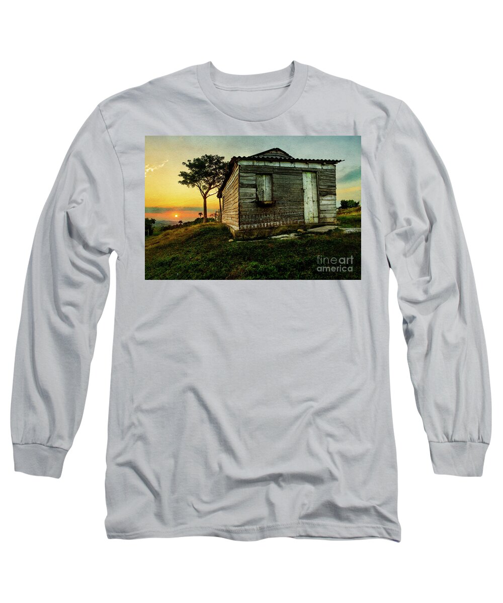 Digital Art Long Sleeve T-Shirt featuring the digital art Caribbean sunset with typical wood house by Jose Rey