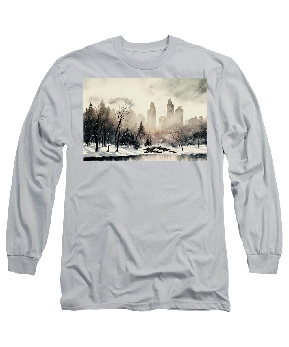 Winter Long Sleeve T-Shirt featuring the painting Central Park in Winter by Kai Saarto