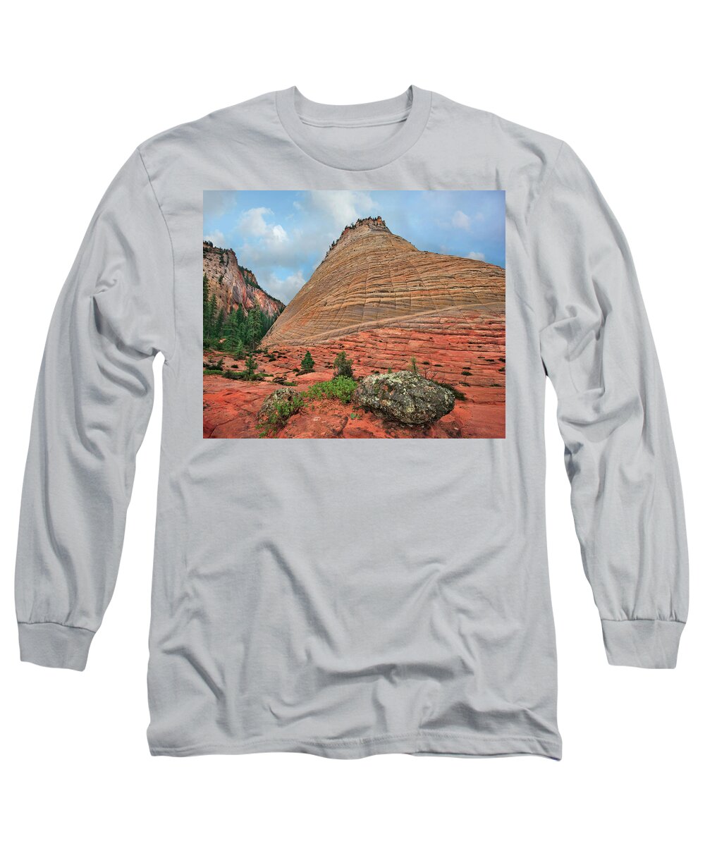 00555583 Long Sleeve T-Shirt featuring the photograph Checkerboard Mesa, Zion by Tim Fitzharris