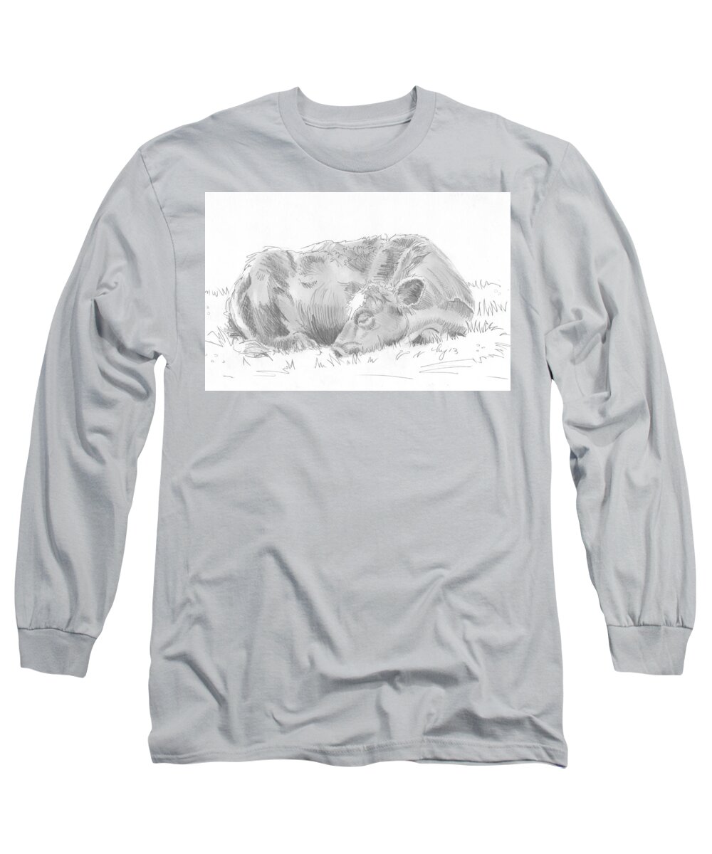 Cow Long Sleeve T-Shirt featuring the drawing Cow lying down asleep drawing by Mike Jory