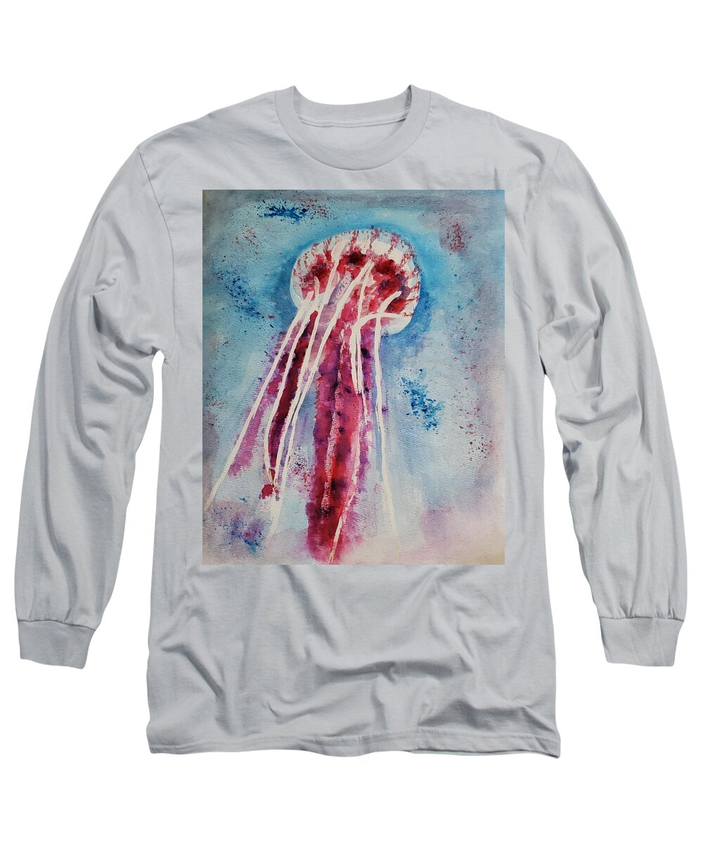 Abstract Aquatic Long Sleeve T-Shirt featuring the painting Giant Jellyfish Floating Along by Stacie Siemsen