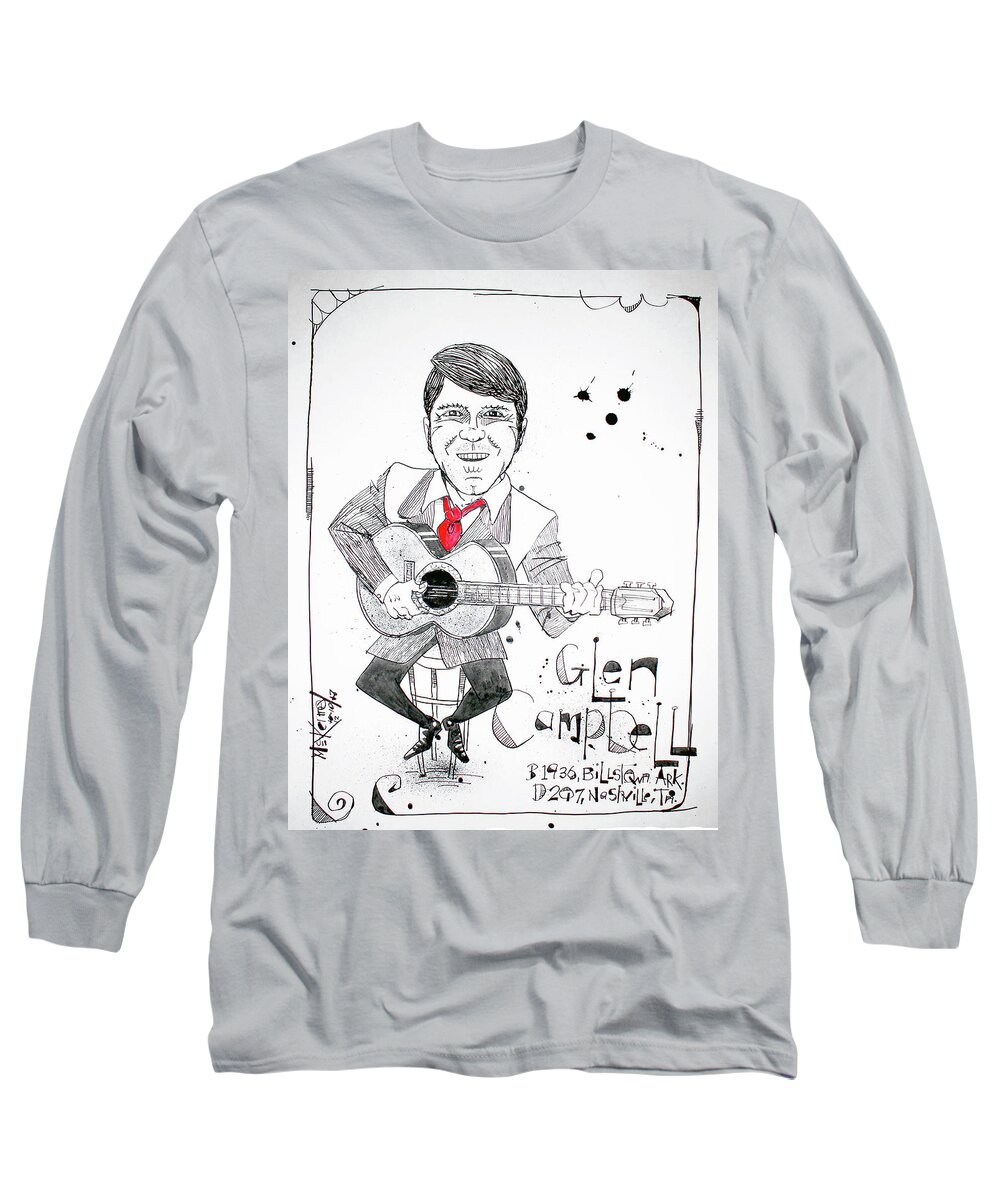  Long Sleeve T-Shirt featuring the drawing Glen Campbell by Phil Mckenney