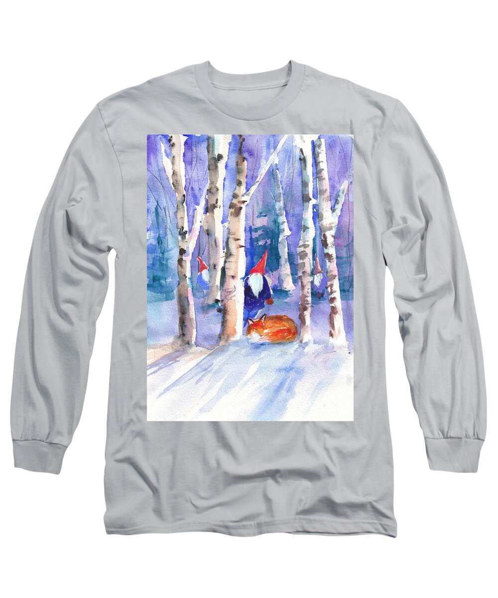 Gnomes Long Sleeve T-Shirt featuring the painting Gnomes and Fox by Christy Lemp