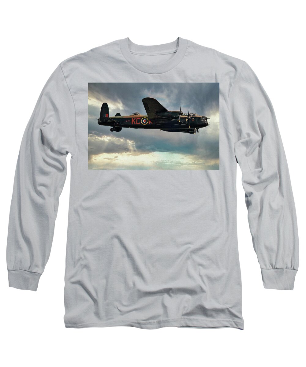 Aircraft; Classic; Historic; Raf; Bbmf; Lancaster; Bomber; Warbird; Battle Of Britain; Ww2 Long Sleeve T-Shirt featuring the photograph Heading Out, Lancaster, Last of Many by Martyn Boyd