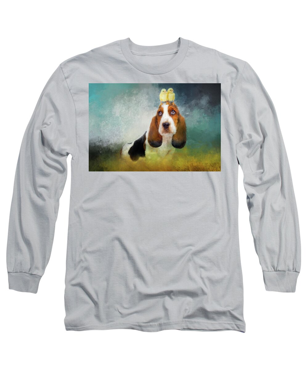 Basset Hound Long Sleeve T-Shirt featuring the mixed media Hound and the Chicks by Ed Taylor