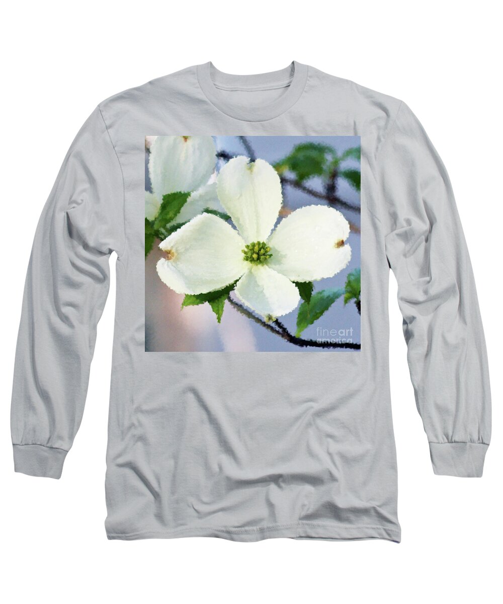 Dogwood; Dogwood Blossom; Blossom; Flower; Impressionist; Macro; Close Up; Petals; Green; White; Blue; Calm; Square; Pastel; Leaves; Tree; Branches Long Sleeve T-Shirt featuring the digital art Impression Dogwood 3 by Tina Uihlein