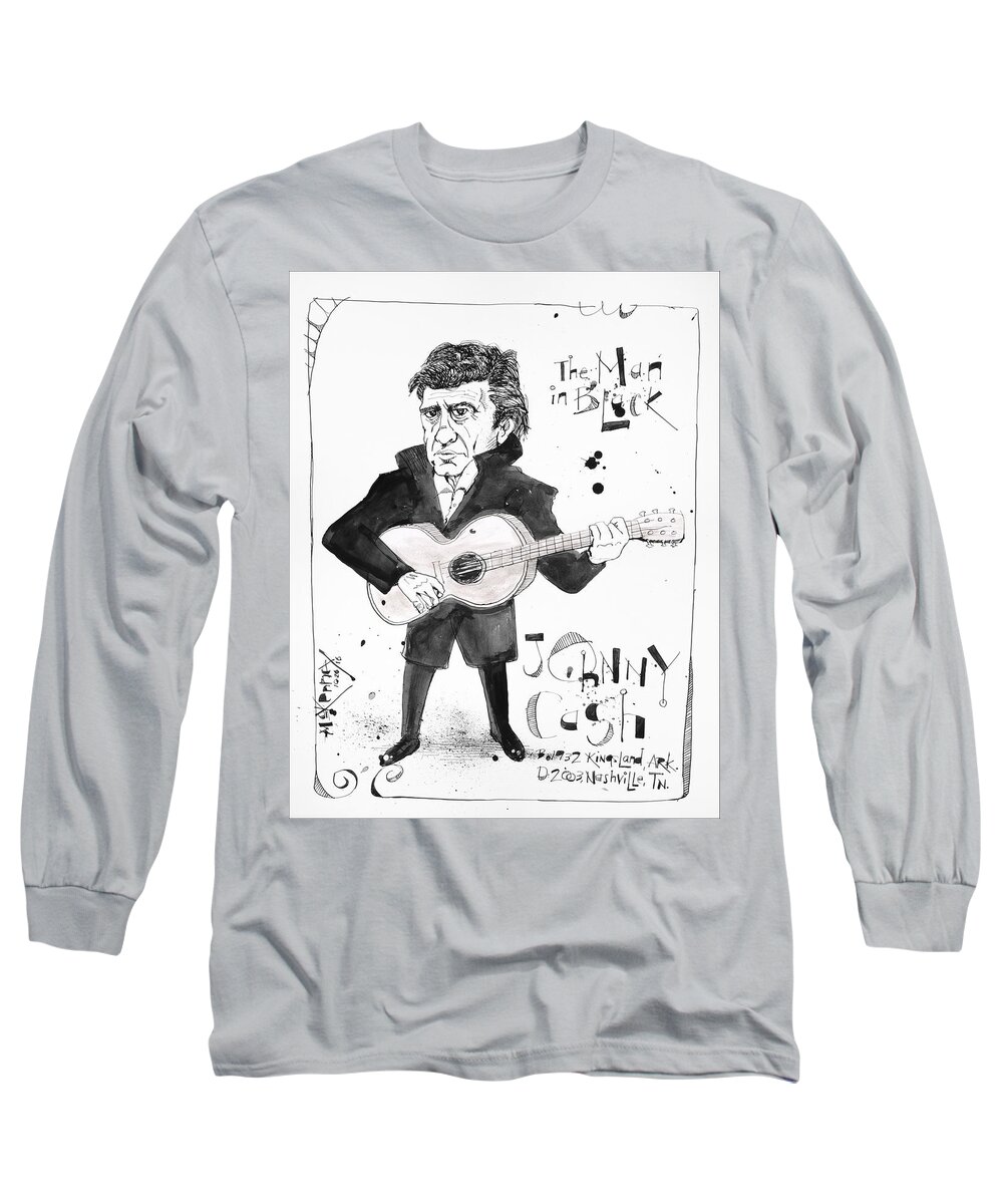  Long Sleeve T-Shirt featuring the drawing Johnny Cash by Phil Mckenney
