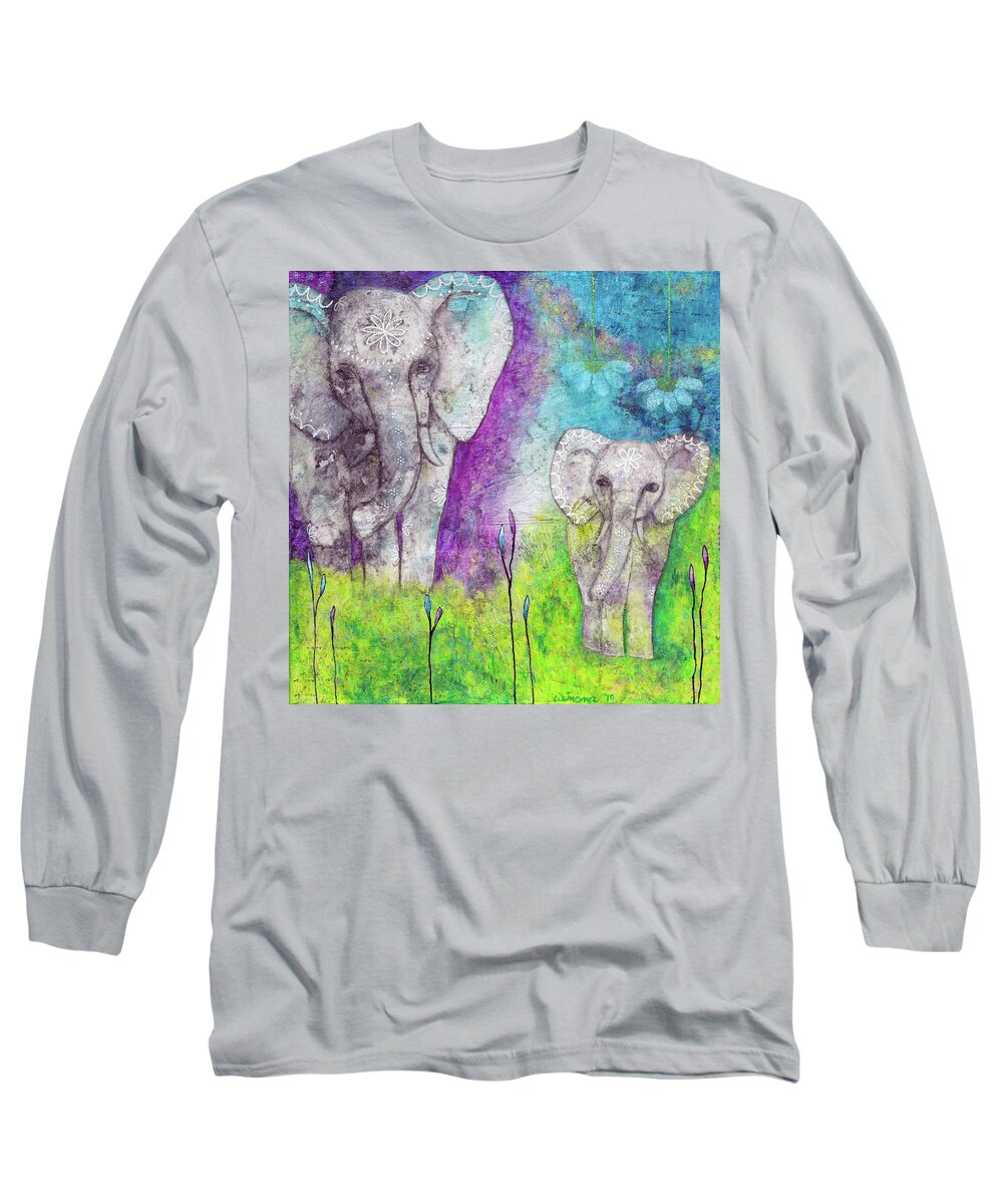 Elephants Long Sleeve T-Shirt featuring the painting Josephine and Lily by Winona's Sunshyne