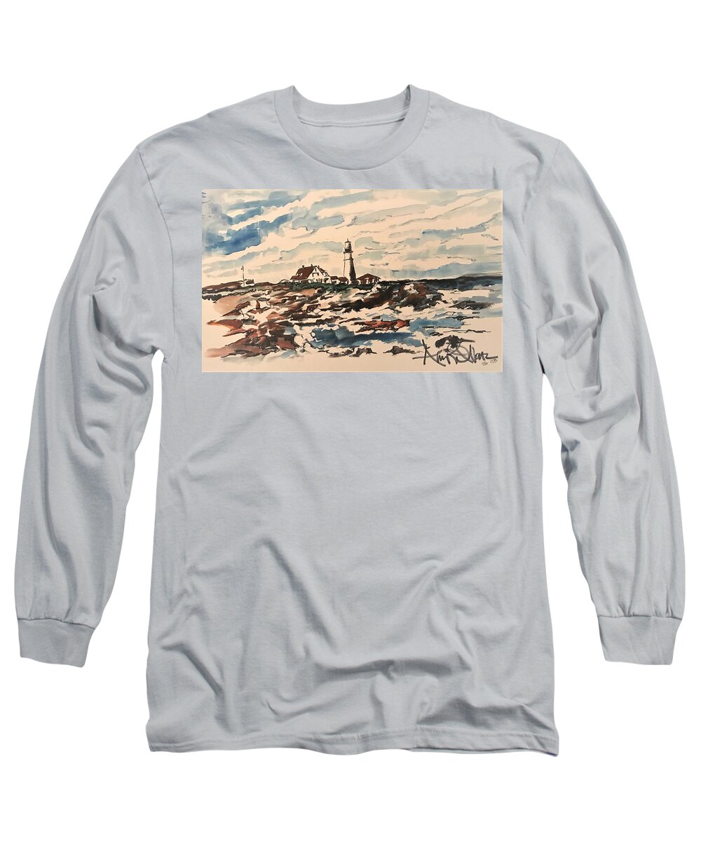  Long Sleeve T-Shirt featuring the painting Lighthouse by Angie ONeal