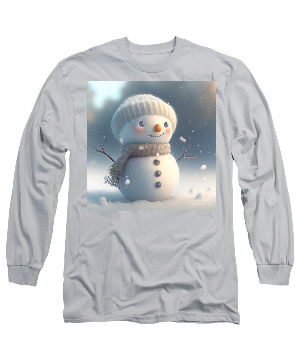 Snow Long Sleeve T-Shirt featuring the mixed media Little Snowman I by Jay Schankman