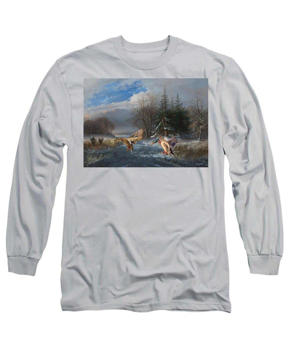 Bird Long Sleeve T-Shirt featuring the digital art Mallards in the Winter by M Spadecaller