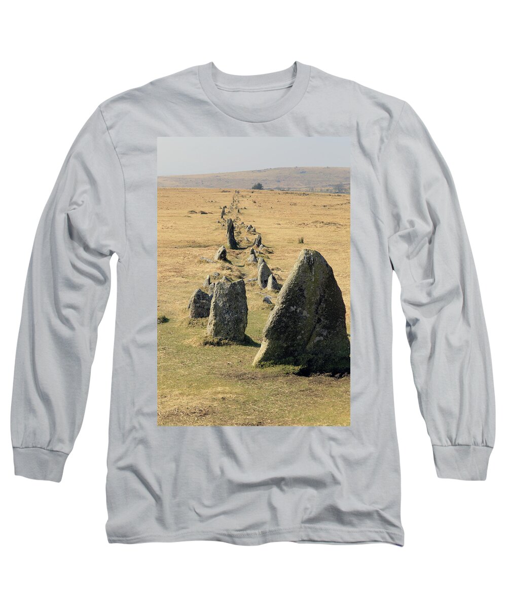 Merrivale Long Sleeve T-Shirt featuring the photograph Merrivale ancient stone row, Devon by Tony Mills