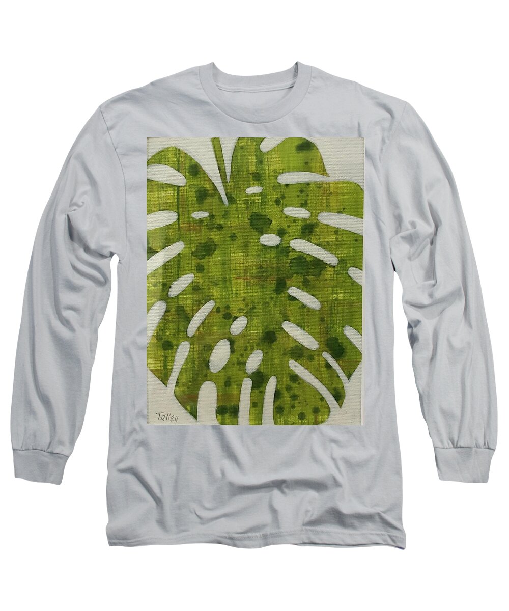 Monstera Green Texture Drop Drip Light Abstract Textile Texture Swiss Cheese Plant Tropical Plant Abstract Blooming Drips Palm Long Sleeve T-Shirt featuring the painting Monstera Light by Pam Talley
