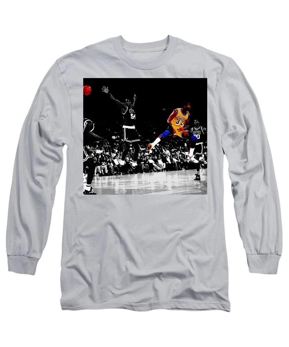 Magic Johnson Long Sleeve T-Shirt featuring the mixed media No Look Pass by Brian Reaves